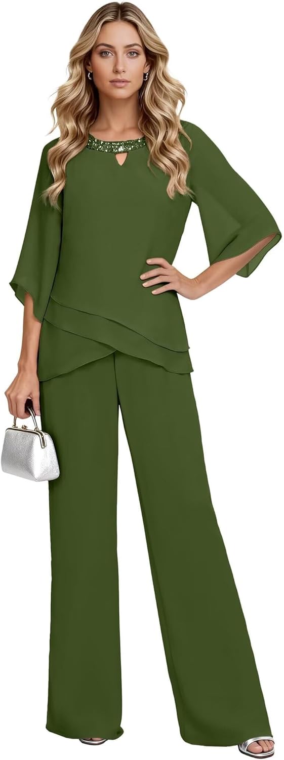 2 Pieces Mother of The Bride Pant Suits with Short Sleeves Chiffon Formal Grandmother Pantsuit Outfits for Wedding