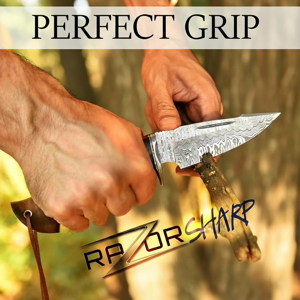 Hunting Knife 10 Inches - Handmade Damascus Steel Fixed Blade Knives - Walnut Wood Handle & Leather Sheath - Bushcraft Outdoor, Skinning & Survival Knife - Image 5