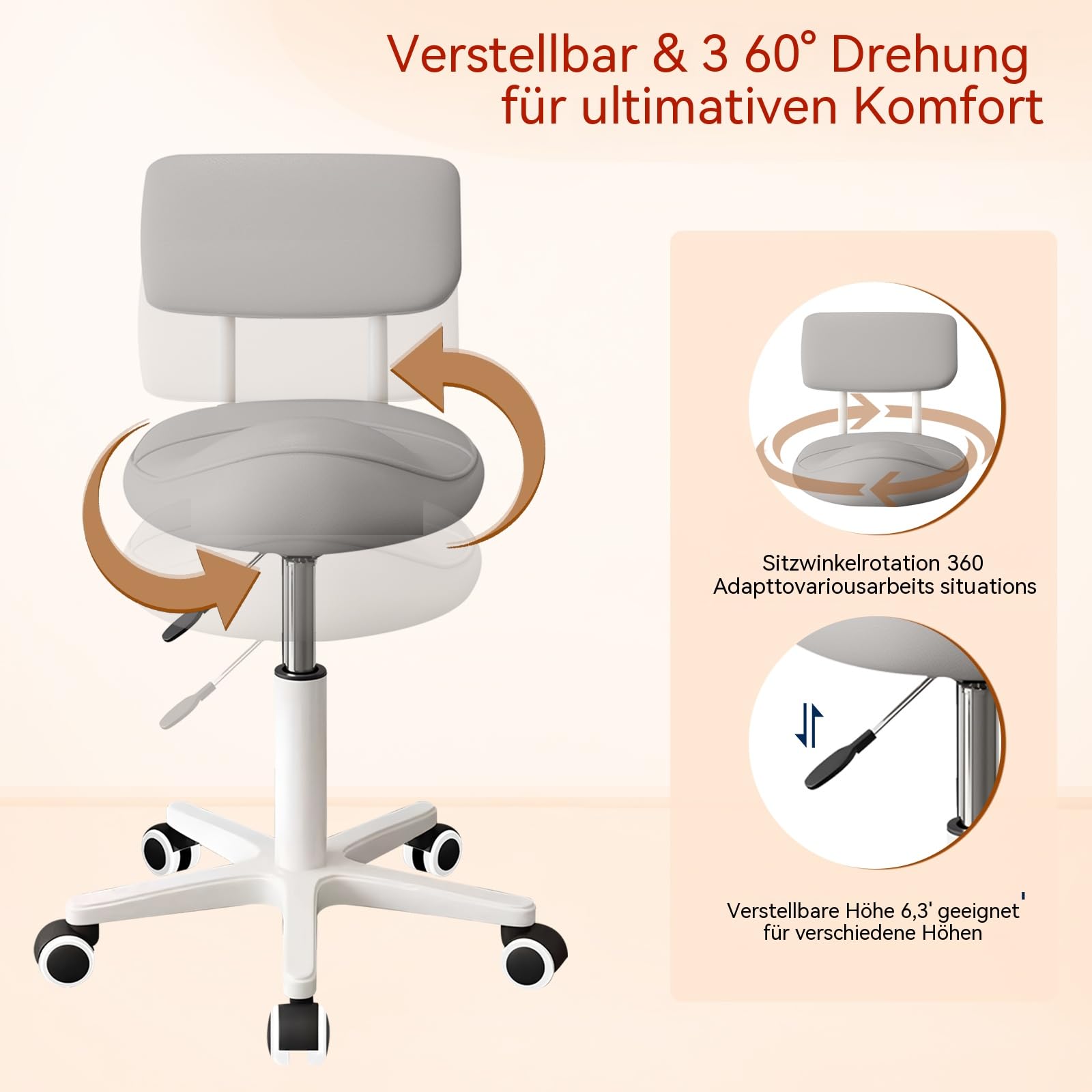 Sattelhocker mit Rückenlehne, gepolsterter Sitz, ergonomischer Schreibtischstuhl, Rollhocker mit Rollen für Friseur, Zahnarzt, Spa, Massage, Büro & Zuhause