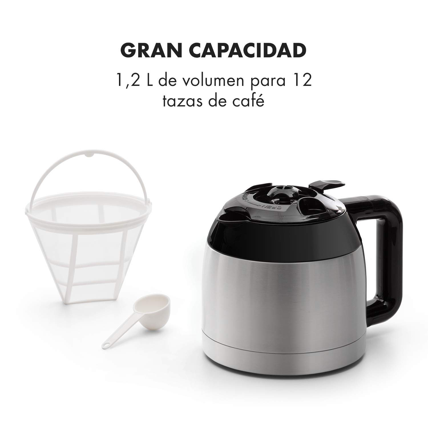 Klarstein Arabica - Cafetera eléctrica de Goteo 800 W, capacidad de 1,2 litros, Intensidad regulable, Pantalla LCD, EasyTouch Control, Acero inoxidable, Negro y plateado