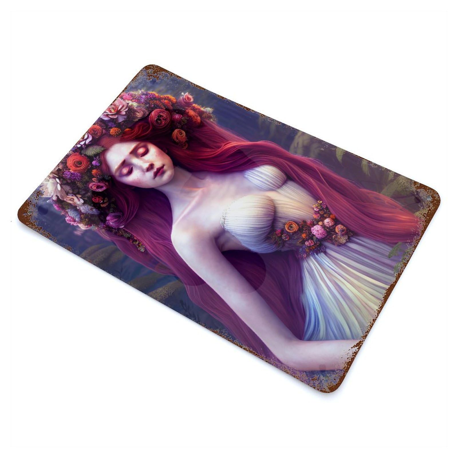 Aged Metal Wall Plaque with Ethereal Flower Girl Design 11.8"x7.9", for Basement, Hobby Room And Garage Decor, Farmhouse Wall Decor