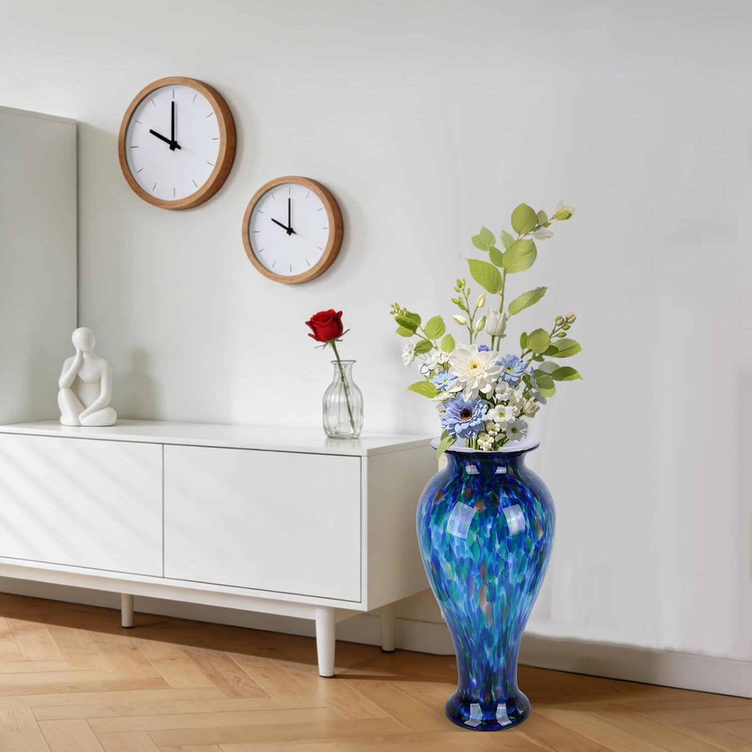 20" Tall Teal Glass Vases,Large Hand Blown Sea Glass Flowers Vase for Floor,Jarrones Grandes para Sala Elegantes, Pretty Modern Ocean Blue Flowers Vases for Living Room Wedding Decor