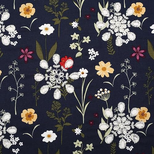Material for Sewing Pure Cotton Flower Embroidered Fabric Shirt Dress Luggage Handmade Sewing(Dark Blue)