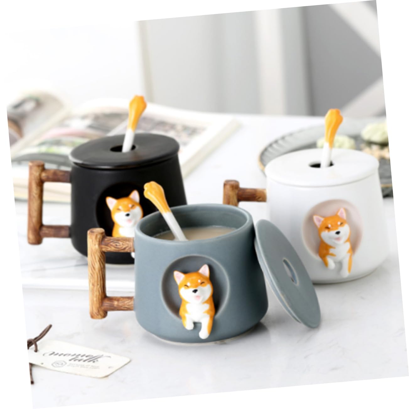 SOIMISS Keramiktasse mit Deckel und Löffel in Schwarz Tasse Kaffee und Tee für Zuhause und Büro Komfortabel zu Greifen und Leicht zu Reinigen