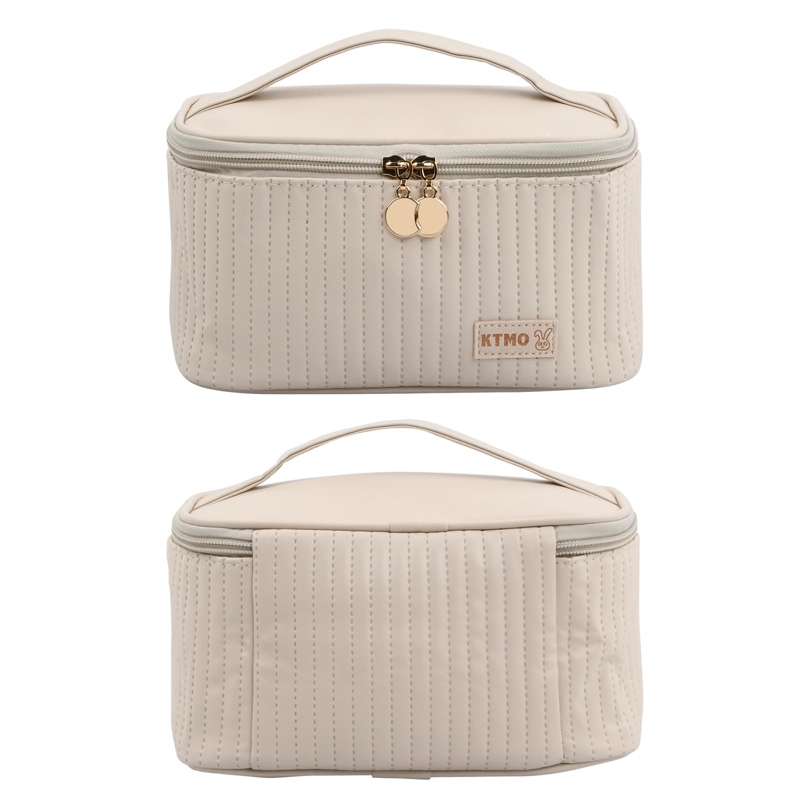 Rapidbok Bolsa de Cosméticos de Viaje, Bolsa de Maquillaje para Mujer e Niña, Neceser Maquillaje con Divisor y Asa, PU Cuero, Bolsa de Aseo Impermeable, Neceser Viaje Mujer (Beige)