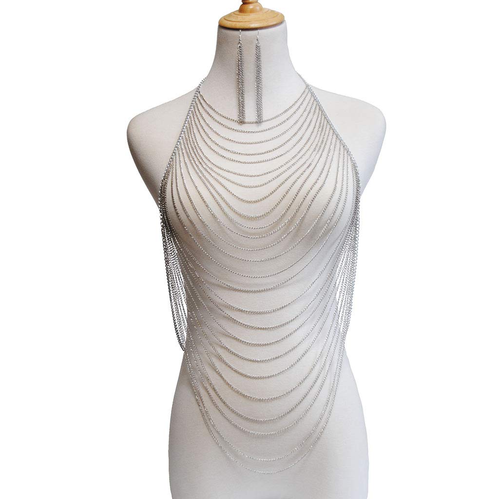 Body Chain Alloy Gold Bikini Chain with Earrings for Party, Bar, Beach