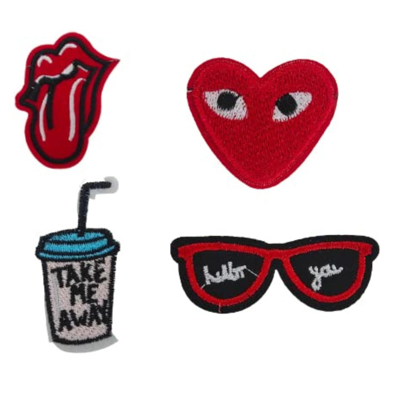 Ani Accessories® Embroidered Chill Combo Imported Universal | Heat & Sew-on Small Patch | for Clothes | Jackets | Pants | Jeans | Bags | Boutique (Sunglass+Cup and Smiley Heart) Multicolour Pack of 4