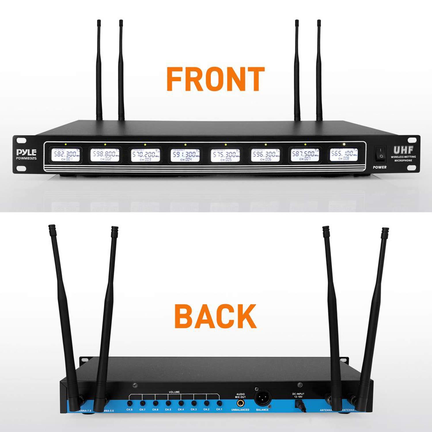 Pyle PDWM8325 8 Channel UHF Wireless Microphone & Rack Mountable Receiver Audio Sound System, Black