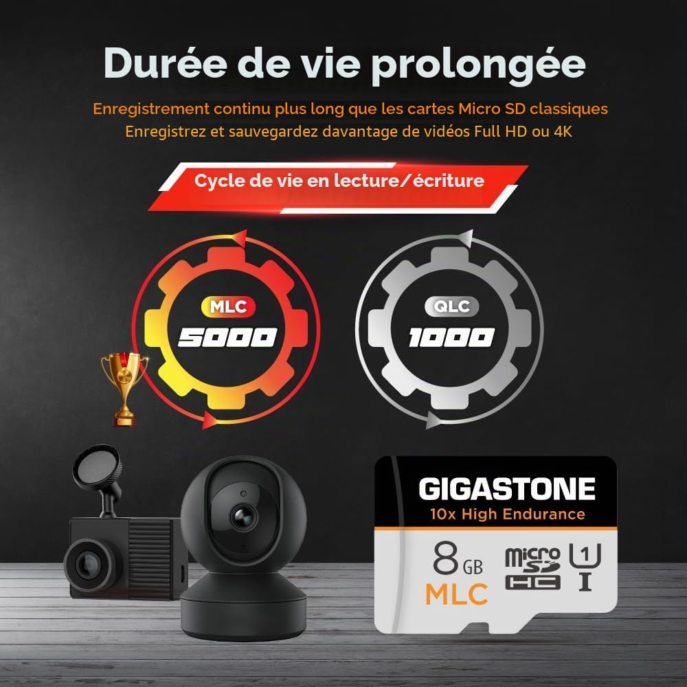 [10x Haute Endurance] GIGASTONE Industriel MLC Carte Mémoire 8 Go, Lot de 10 Cartes, pour Caméra de Surveillance, Dashcam, 4K Vidéo, Vitesse 85 Mo/s, U3 V30 [5 Ans Récupération de données Gratuite]