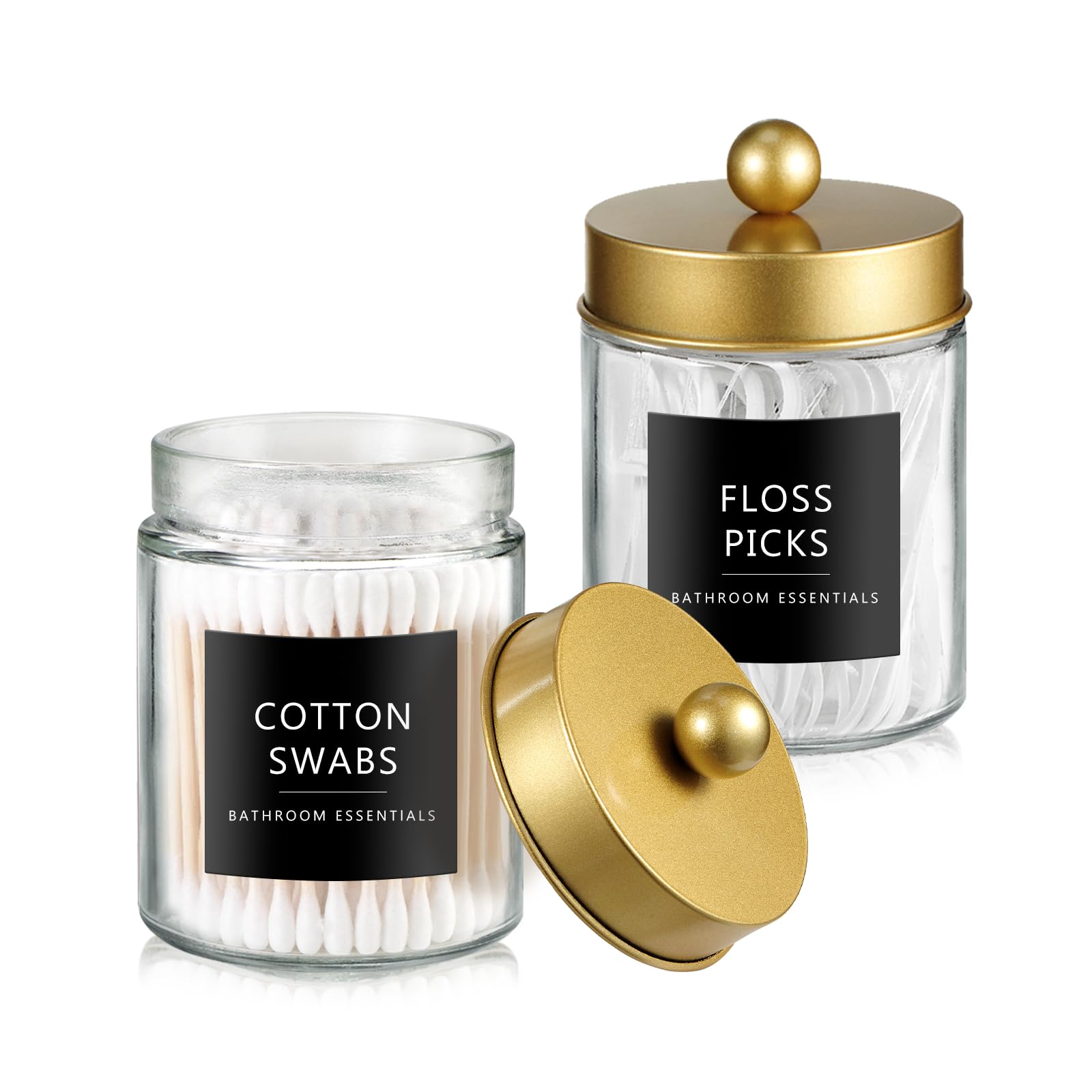 SheeChung Qtip Holder Dispenser for Bathroom Vanity Organizer and Farmhouse Decor - Stylish Glass Apothecary Jar with Stainless Steel Lid and Stickers