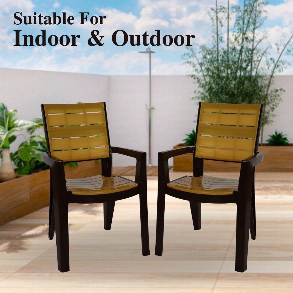 ITALICA Designer Series Comfortable Plastic Arm Chair/Double Insert Stackable Chair for Home, Office/Plastic Chair/Sturdy & Durable Chair/Indoor and Outdoor (5115, Brown & Gold, Set of 2 Chair, VF) 4
