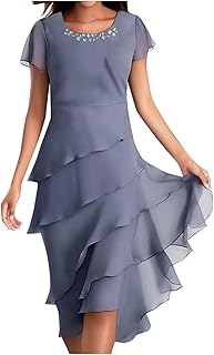 2025 Vestido de verano de color sólido para mujer: inserciones de gasa de manga corta con cuello redondo, vestido casual con dobladillo ondulado vestido de mujer de manga larga elegante para