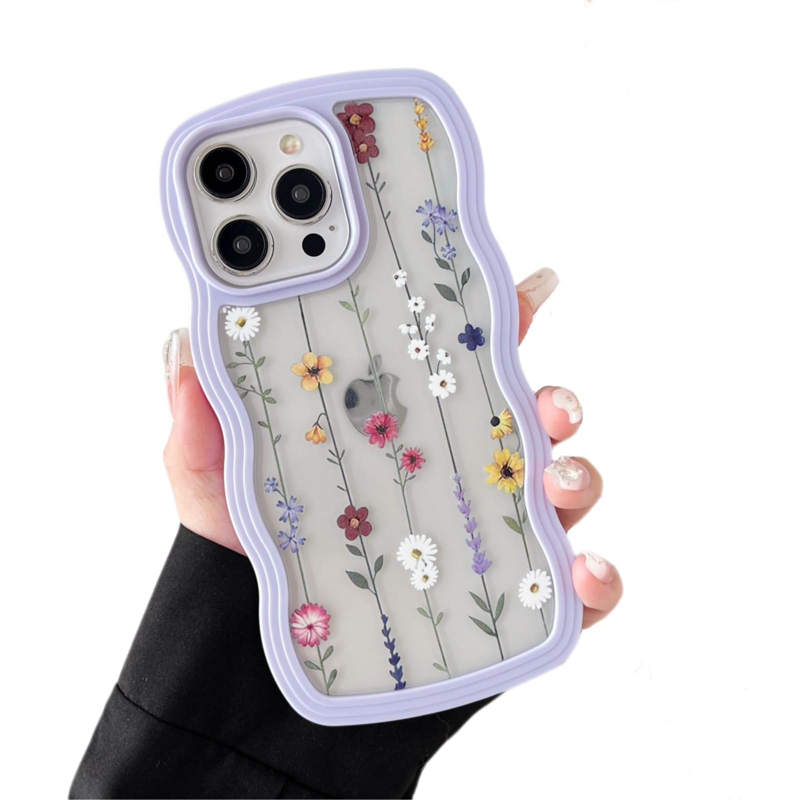 ZTOFERA Floral Case for iPhone 16 Pro 6.3 inch,Cute Curly Wave Frame Shape Case with Branch Flower Pattern for Women Girls, Clear Slim Shockproof