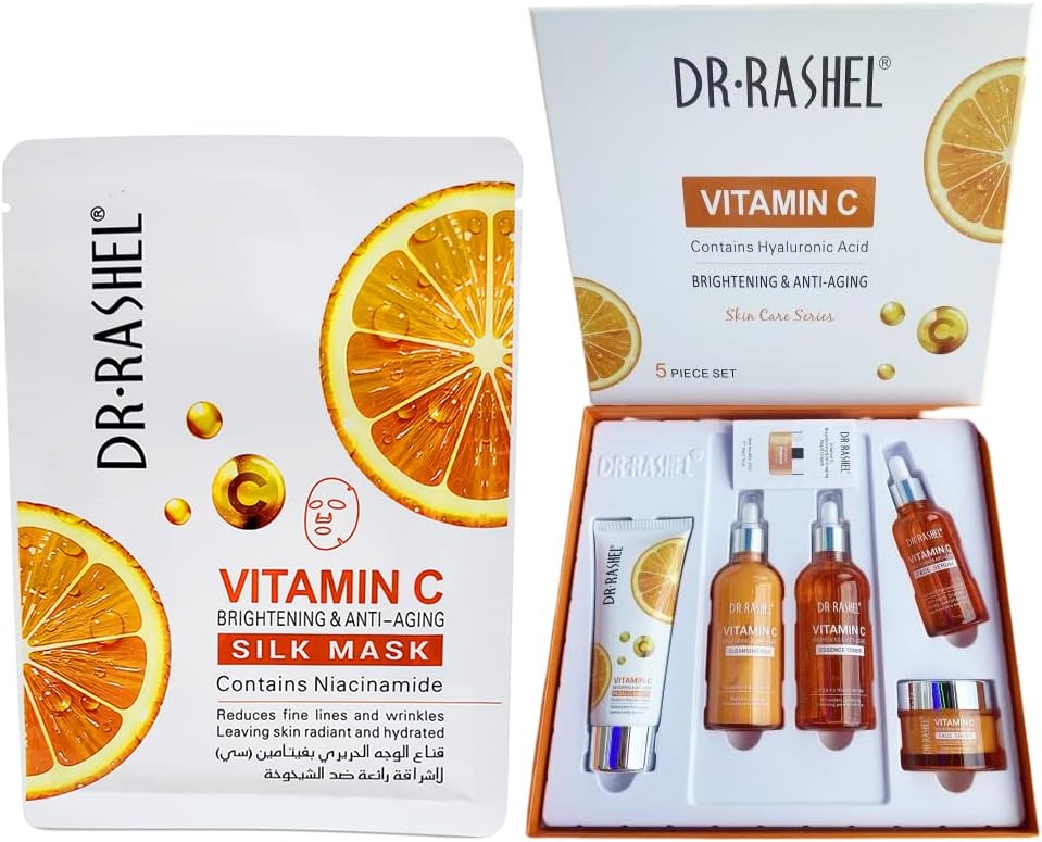 Dr Rashel Vitamin C Skin Care Series , Contains Hyaluronic Acid, Anti Aging and Collagen Essence ( Pack Of 5 Piece Set ) + 1 Pcs of Vitamin C Silk Mask