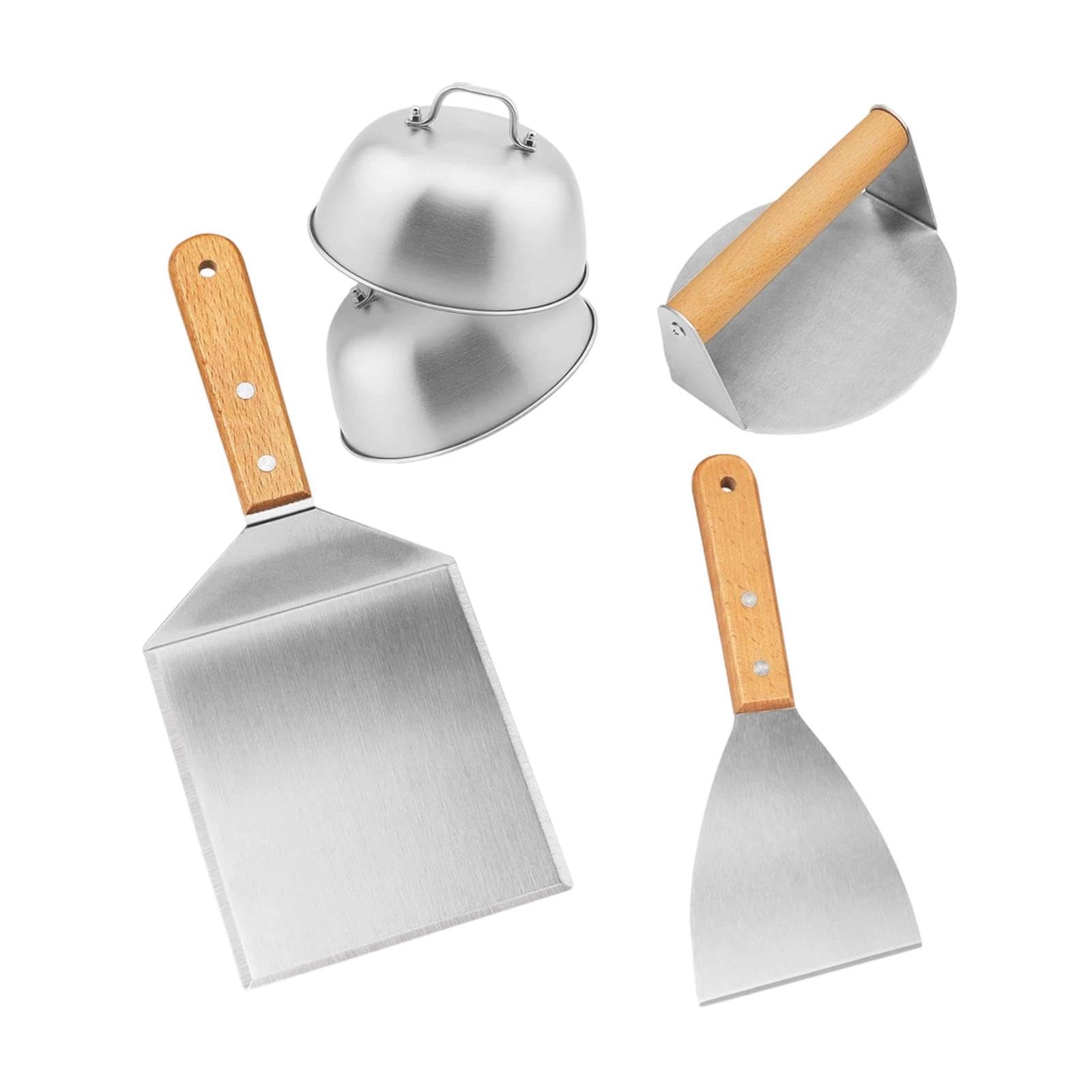 2 Pezzi Spatola BBQ Kit Accessori Barbecue Giraverdure Griglia Acciaio Inossidabile Manico in Legno Ergonomico Adatto per Picnic Cucina All’aperto Eve, 5 Pezzi