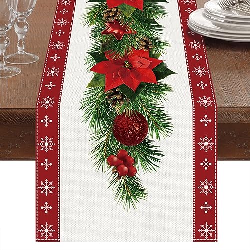 Caminho de mesa natalício, caminho de mesa de linho vermelho Natal com estampado de sinos de árvore de Natal de flores vermelhas, ornamentos natalícios compridos para decoração mesa de jantar Natal