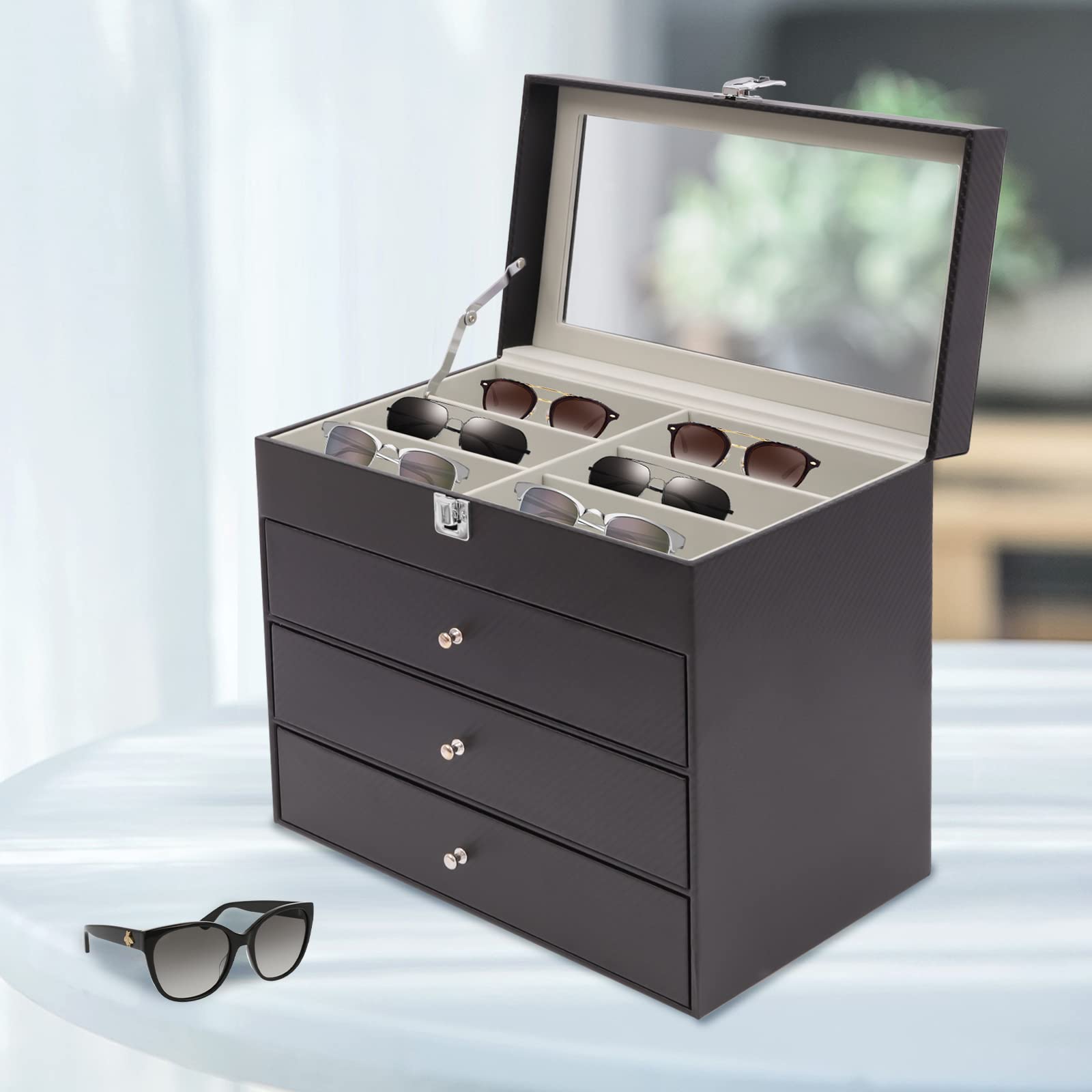 Caja para gafas, caja de joyas, caja de relojes, organizador, vitrina, terciopelo, 4 niveles, tapa de cristal de 33,5 cm, tapa de cristal para gafas de sol, reloj, anillo, pulsera, cómoda