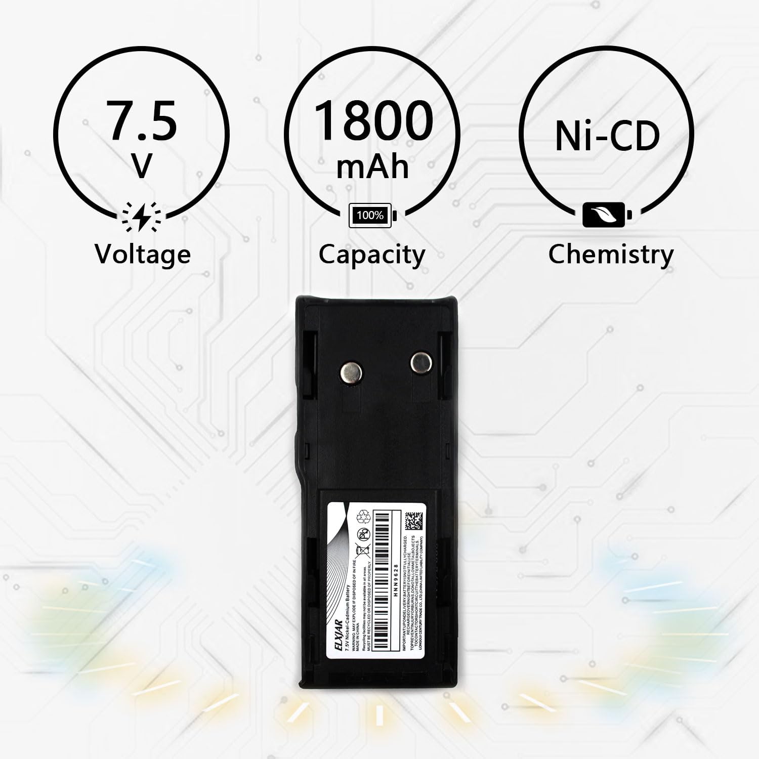 elxjar (2-Pack) 7.5V 1800mAh Replacement Battery for Motorola GP300, GTX800, PTX600, PRO3150, CP450, P080, MTX638, LTS2000, LCS2000, GP88S, GP88, GP600, GP308, CP250, HNN9628A, HNN9628B