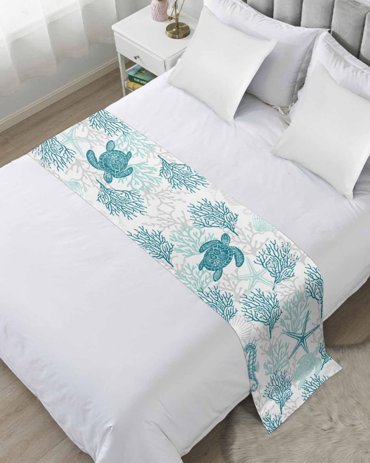 Turquoise Coastal Bed Runner for Full/Queen Size Bed, Bedspread Protector Slipcover Bed Scarf for Foot Bed Runners & Scarves for Bedroom Hotel Wedding Room 83x20 Sea Turtle Nautical Coral Summer Beach