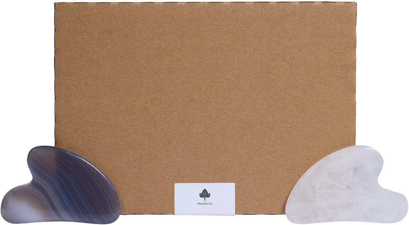 [Phra Rei & Ki] Jade Stone Guasha Board The Ultimate Tool for Puffiness Reduction and Jawline Sculpting,Scraping Apparatus for Gua Sha Therapy, Natural Jade Stone(White&Grey)