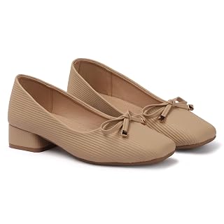 STEFFY Women Beige Block Heel Pumps | Elegant Synthetic Leather Footwear Comfortable Casual Sandals for Office and Daily Wear | Size 3