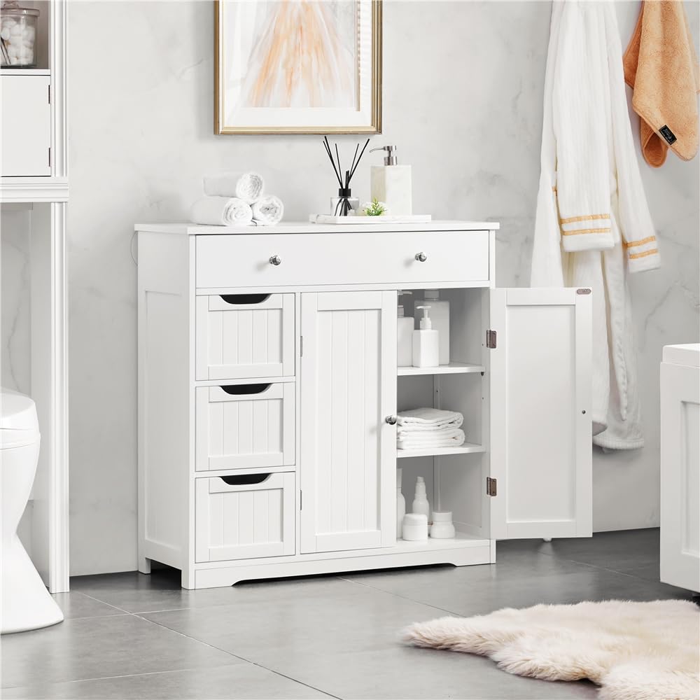 Yaheetech Meuble Rangement Salle de Bain, 81 cm × 30 cm × 81,5 cm Blanc | 4 Tiroirs 1 Placard avec 1 Plateau Réglable, Armoire Rangement Salle de Bain Salon Entrée Cuisine