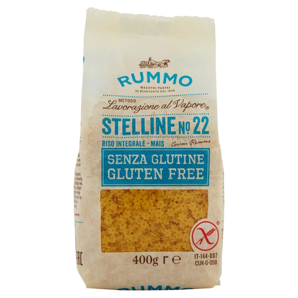 Pasta Rummo Stelline sin gluten n° 22, bronce dibujado sin glutema, perfecto para personas con enfermedad celíaca o intolerancia al gluten, 10 x 400 g + Polpa italiana Gourmet 400 g