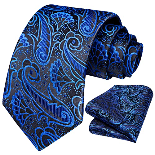 Image of HISDERN Extra Long Ties for Men Classic Floral Tie and Pocket Square Elegant Silk Necktie Handkerchief Set Wedding Party