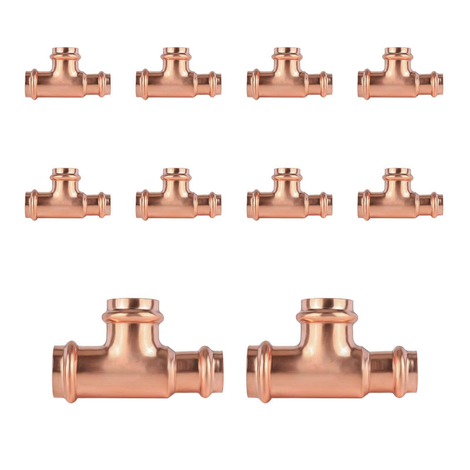 Paquete de 10 conectores en T reductores de cobre GUOFIS, 1-1/4" P x 1/2" P x 1-1/4", conector en T reductor de presión para plomería, conector de tres vías para derivación de tamaño de tubería.
