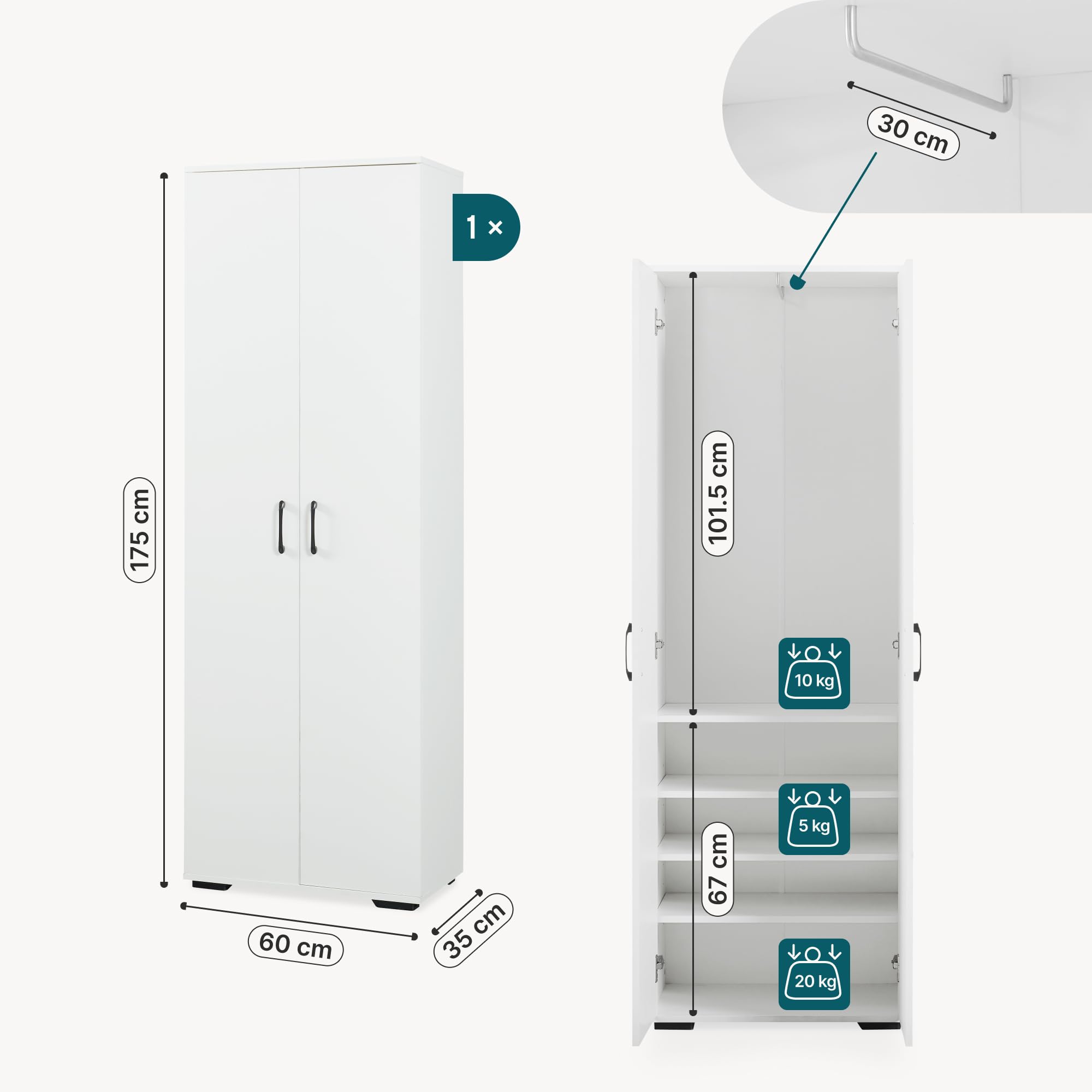 [en.casa] Armario Dormitorio Chalvefted Barra 2 Puertas 175x60x35cm Blanco | Ropero 3 estantes ajustables