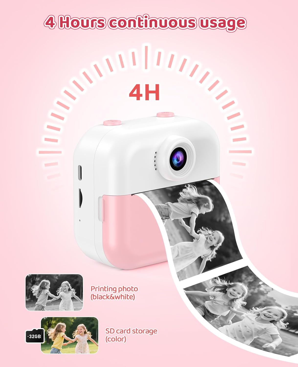 Instant Print Front Rear Dual Selfie Kids Camera for Kids Christmas Birthday Gifts for Girls Age 3-12 Portable Toys for 3 4 5 6 7 8 9 10 Year Old Girl with 32GB SD Card Digital Camera - Image 5
