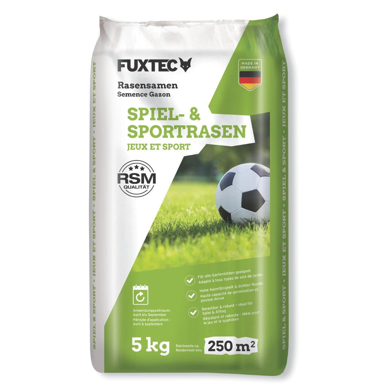 FUXTEC FX-RSSP5 Graines de pelouse, gazon de jardin robuste pour semis neuf et ultérieur, grande capacité de germination, croissance dense, résistante et résistante à l'écrasement, 5 kg pour env. 250