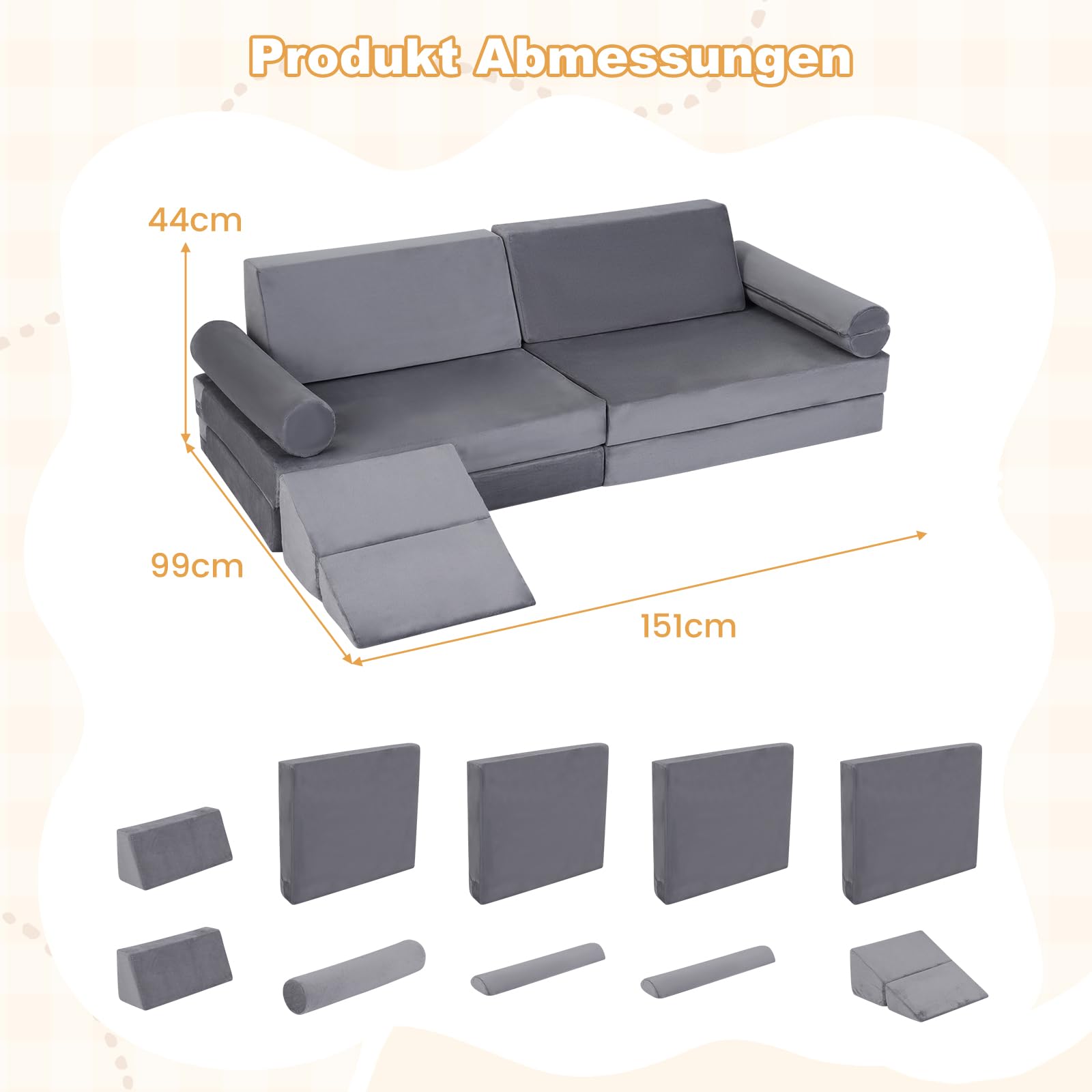 COSTWAY 10 teiliges Kindersofa mit Schlaffunktion, modulares Spielsofa gepolstert aus Kristallsamt mit waschbare Bezüge, Kindercouch ausklappbar, Kuschelecke für Jungen & Mädchen ab 3 Jahre (Grau)