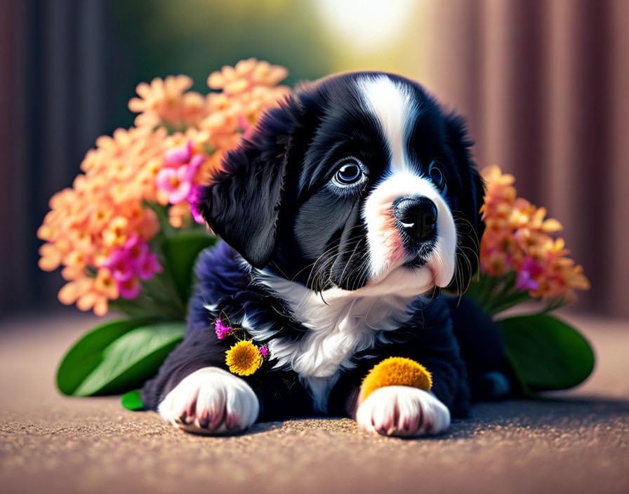 Chien mignon poster fleurs pour salon et chambre enfant 58x90
