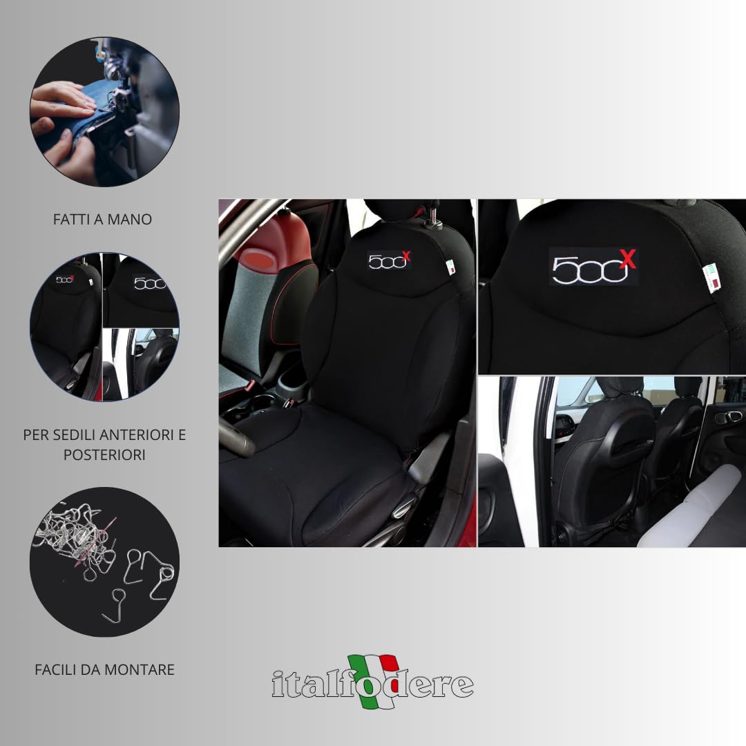 Italfodere - Coppia Coprisedili Anteriori Compatibili con Fiat 500X - Cotone Accoppiato - Fatti a Mano - Eleganti e Resistenti - Accessori Auto Interno - Nero - Made in Italy