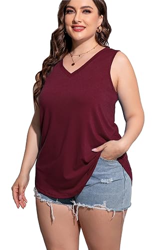 CARROTMOB Plus Size Sleeveless Tops Women Casual Summer Sleeveless Loose Fit V Neck Ladies Basic Tshirt - 5X - 1-wine Red-v Neck
