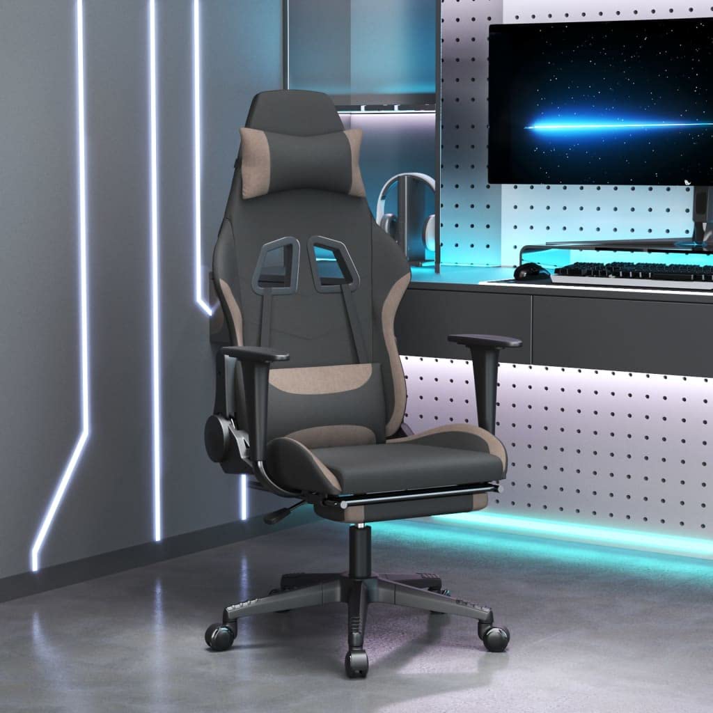 Fotel gamingowy z funkcją masażu i podnóżkiem, ergonomiczne krzesło biurowe z regulowanym oparciem, obicie materiałowe w kolorze czarnym i szarobrązowym, obrotowy fotel szefa do gabinetu i