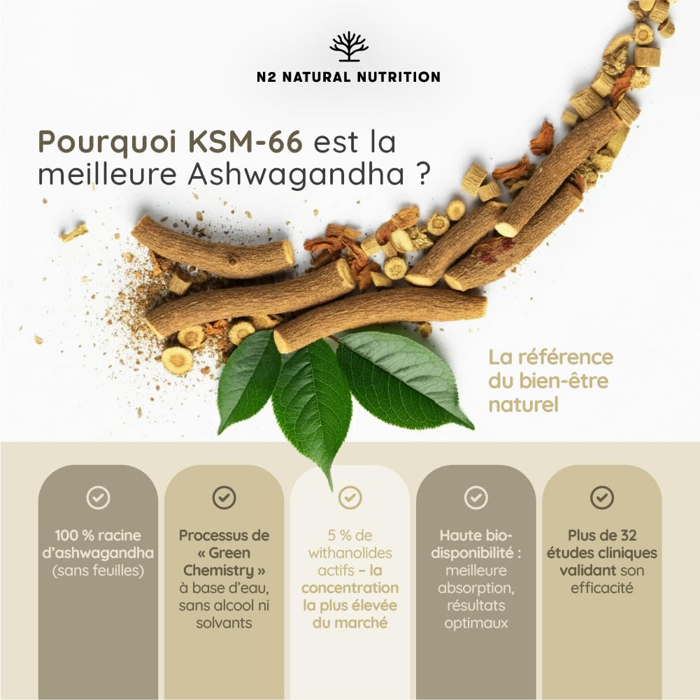 Ashwagandha KSM-66 + Magnésium. 7500 mg Extrait, 180 Gélules. Withanolides, Alcaloïdes, Flavonoïdes, Adaptogène Complet pour Sommeil, Humeur, Vitalité. N2 Natural Nutrition