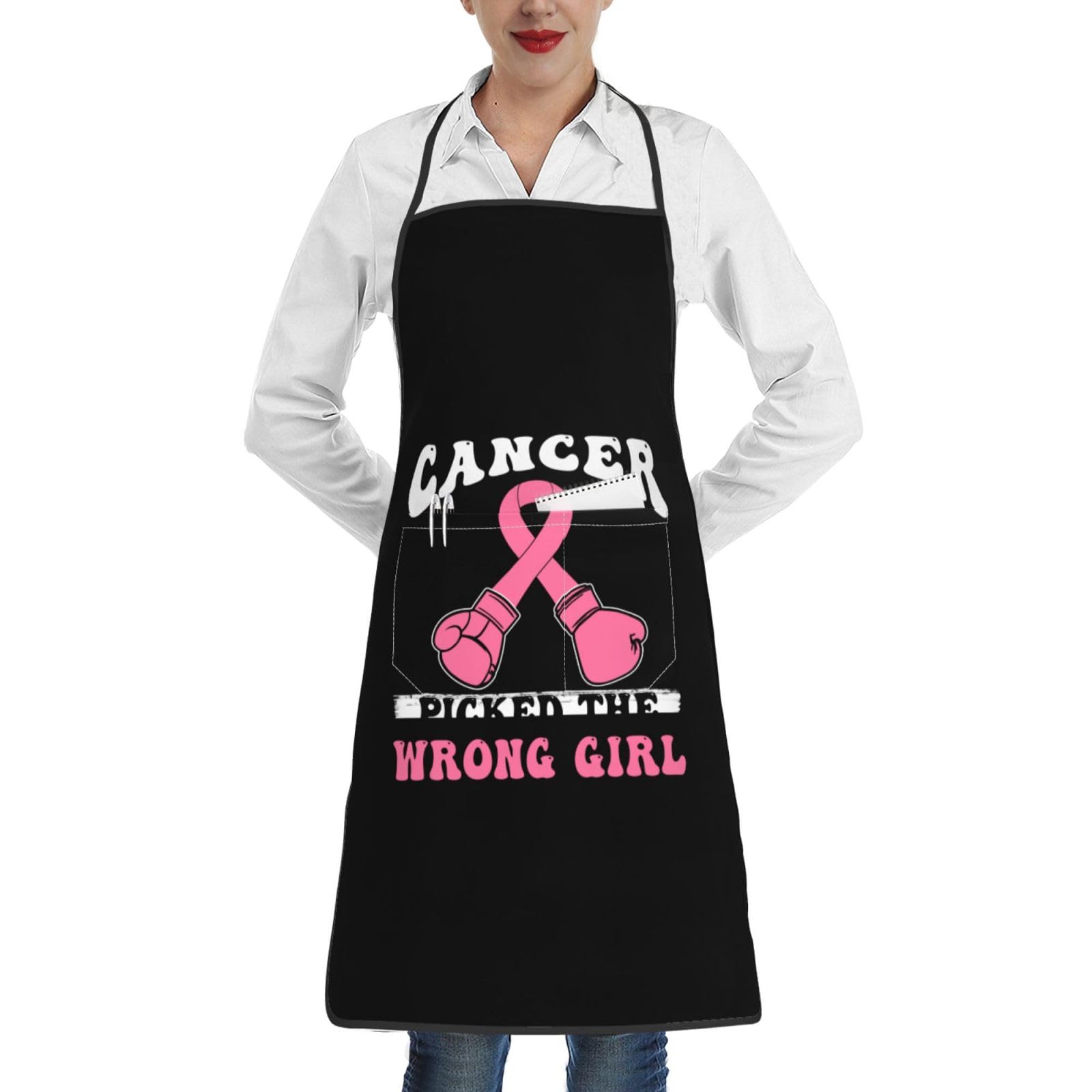 nopicsn Cancer Picked The Wrong Girl Breast Cancer Apron for cooking with Pockets Women Men Kitchen Chef Funny Aprons