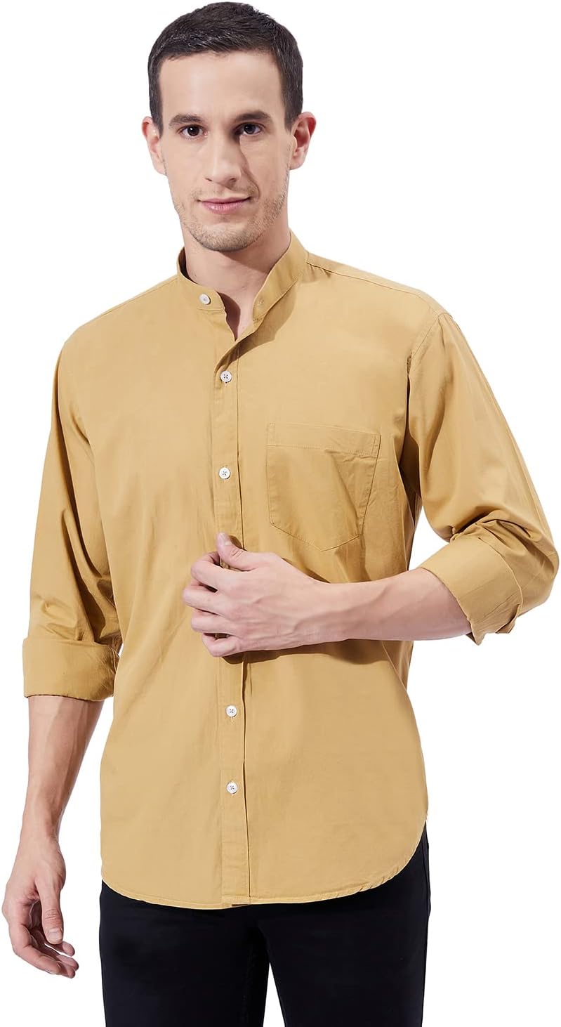 Ben MartinMen's Cotton Mandarin Collar Shirt with Chest Pocket|| Chinese Collar, Slim Fit, Casual & Formal Wear || Soft & Breathable Fabric ||Full Sleeve Shirt for Men