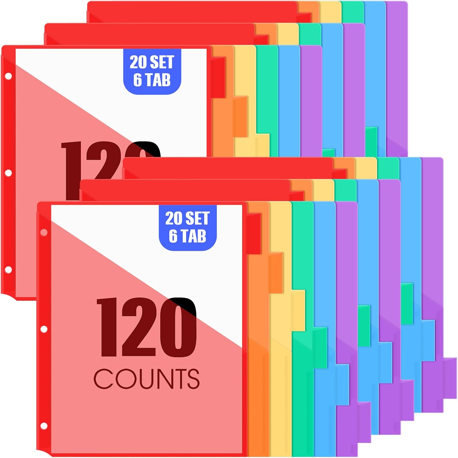 Chuangdi 120 Count Binder Dividers with Tabs Pockets 20 Sets 6 Tab Multicolor Plastic Dividers for 3 Ring Binder for School Office Document Organizers Protection