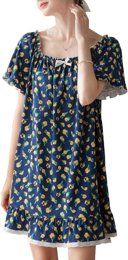 Women Victorian Cotton Floral Short Nightgowns Short Sleeve Lightweight Comfy Loungewear Sleepdress S-XL