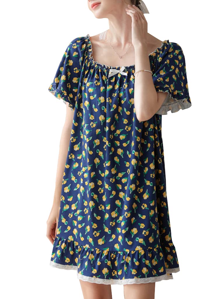 Women Victorian Cotton Floral Short Nightgowns Short Sleeve Lightweight Comfy Loungewear Sleepdress S-XL