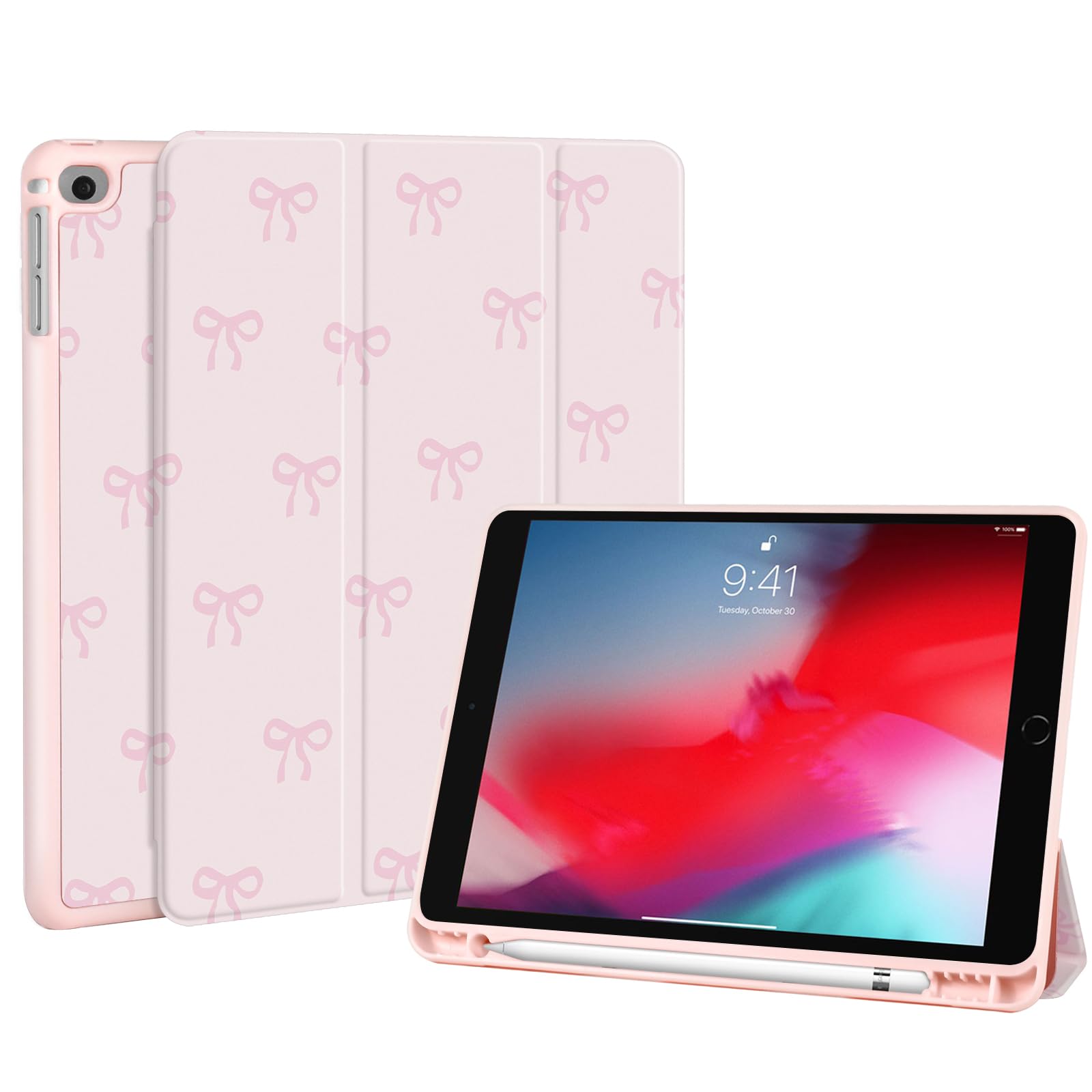 Funda para iPad 6./5. Generación 2018/2017, Funda para iPad 9,7 cm con soporte para lápiz, Bonito patrón de lazo de arco desplegable con soporte con protección contra arañazos, Funda protectora