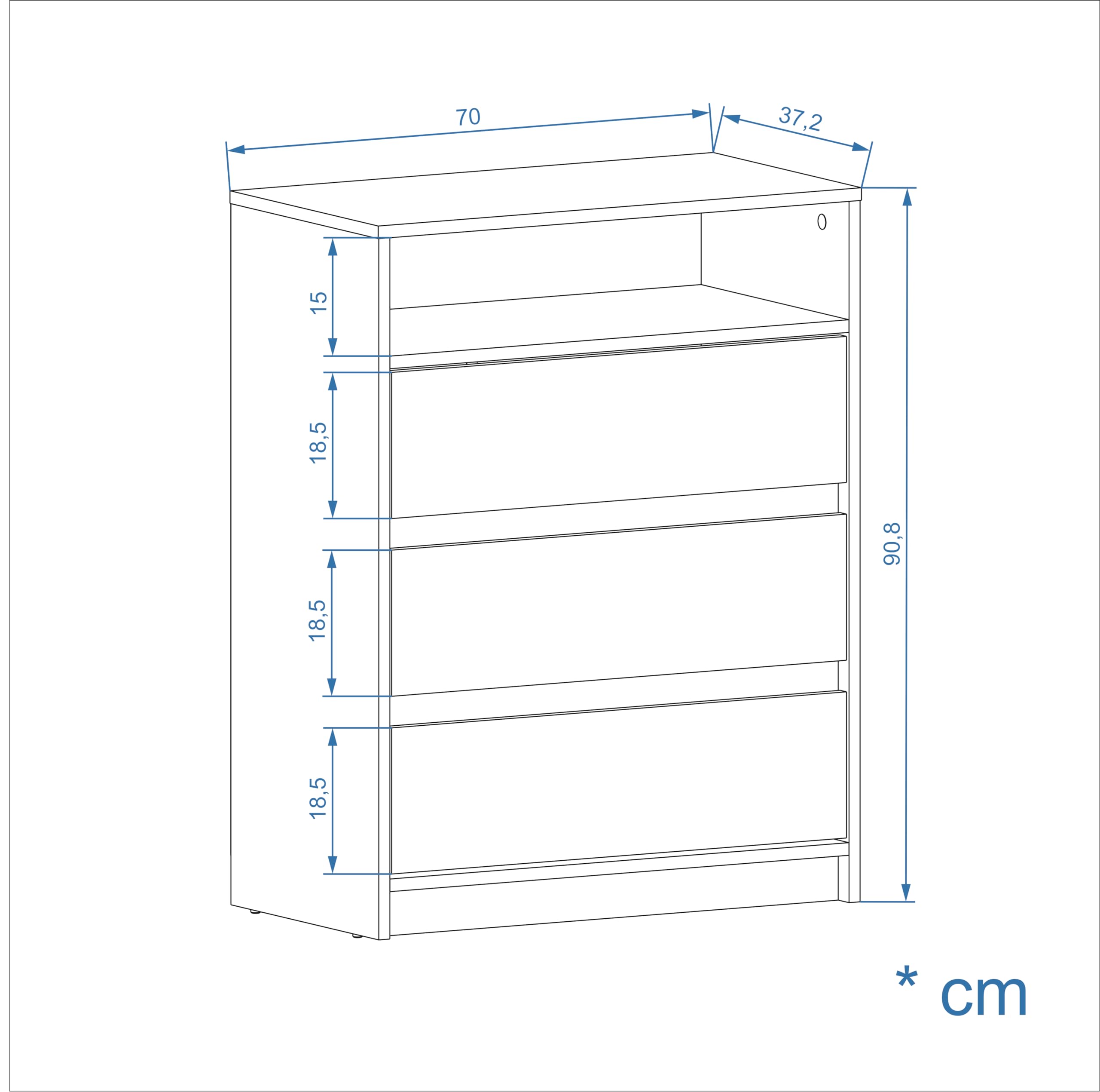 Komto Commode Chêne Sonoma – Meuble de Rangement avec 3 Tiroirs et 1 Niche Ouverte, Style Bois Clair pour Salon, Bureau ou Chambre Bébé/Enfant | Leon 70 x 37 x 90 cm (L x P x H)