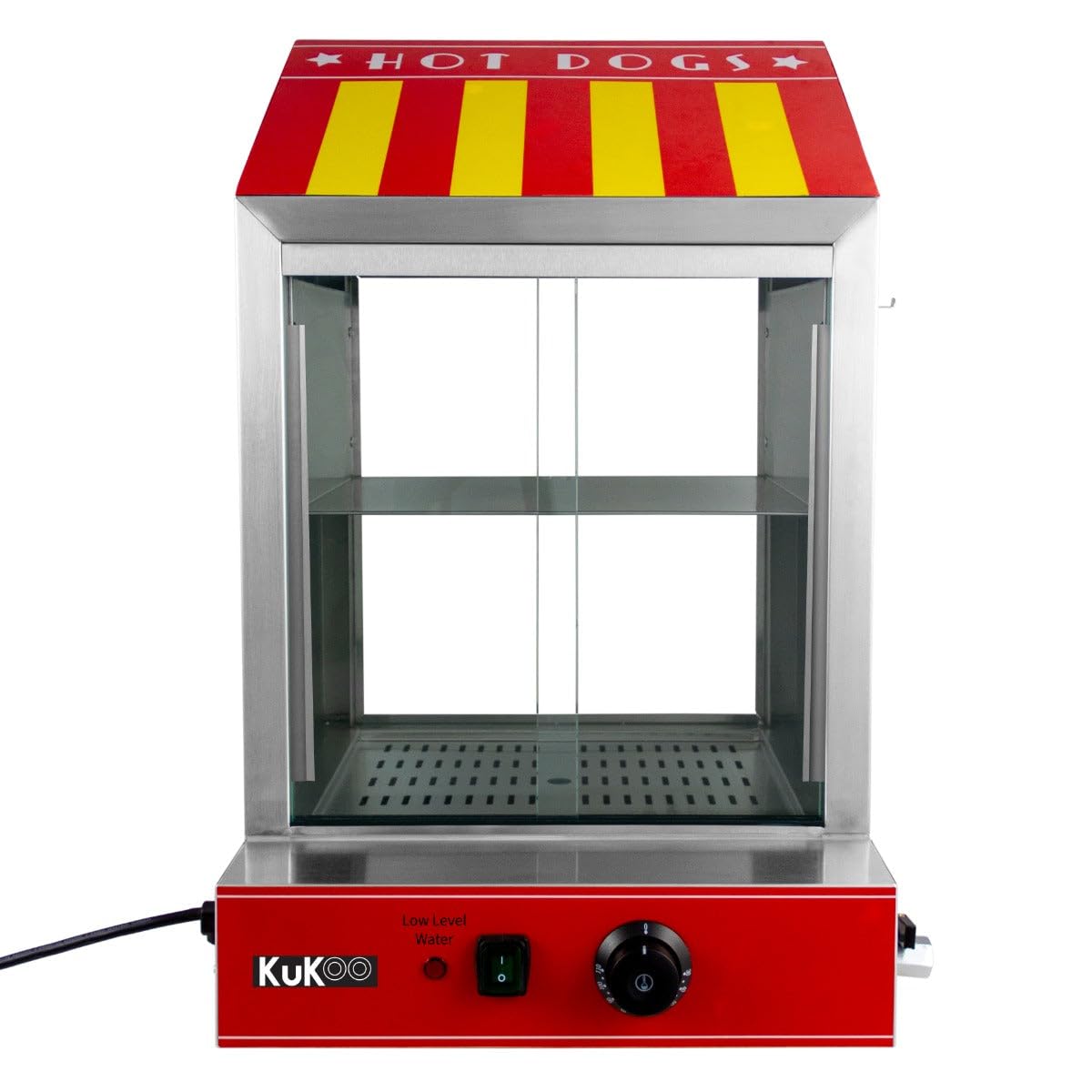 KuKoo - Sfornatore per Hot Dog Elettrico in Acciaio Inox, Scaldavivande Commerciale con Porte in Vetro Scorrevoli, Ripiano Solido Rimovibile, 2 Vassoi Grattugia, Termostato Regolabile da 30 °C a 110 °