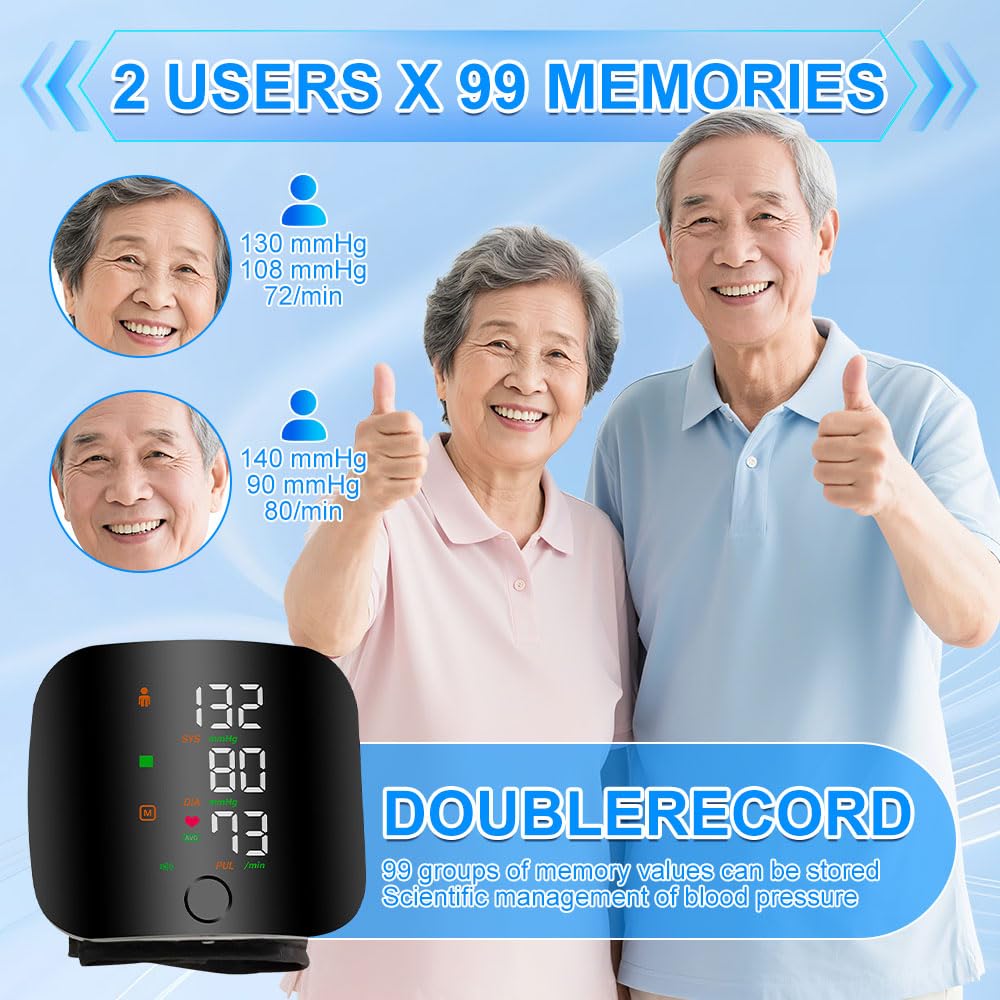 Tensiometro de Muñeca, Tensiómetro De Muñeca con Pantalla Táctil Led, Tensiómetro de Muñeca con Memoria de Lectura de 99x2 & Salida de Voz Automática, Recargable