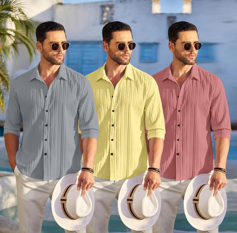 Image of FINIVO FASHION Combo of Men's Casual Cotton Plain Button Down Shirt Long Sleeve Textured Summer Beach Shirt for Men Pack of 3
