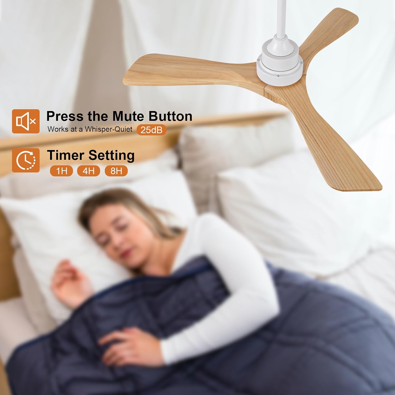 42 Inch White Ceiling Fans with Lights and Remote, Dimmable 3 Blade Wood Ceiling Fan with Light, Modern Indoor Outdoor Ceiling Fan for Patio Bedroom, Wall Switch, Memory Function, Quiet DC Motor