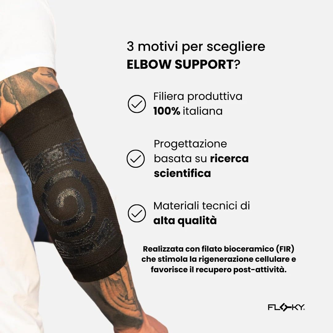 FLOKY Elbow Support gomitiera biomeccanica. Multisport. Stabilizza il gomito. Riduce le infiammazioni articolari ed il recupero. Protegge tendini e muscolatura. Design ergonomico. Nera. (L/XL)